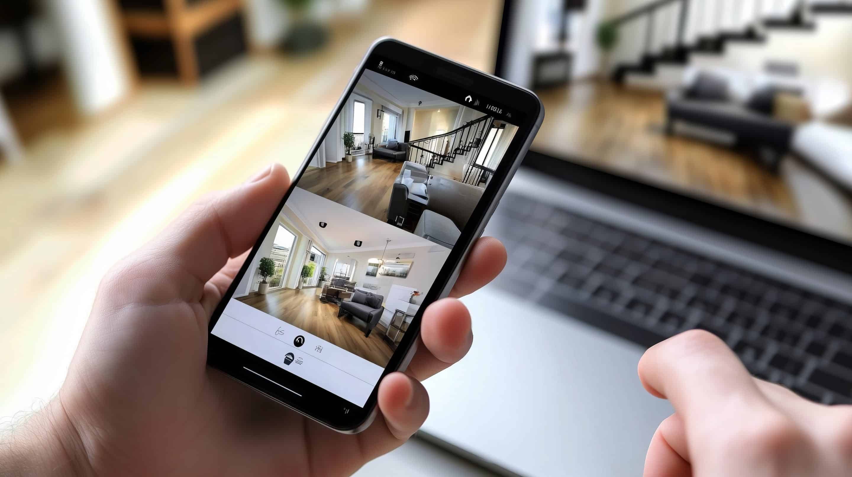 Businessman monitoring home security cameras on smartphone app scaled