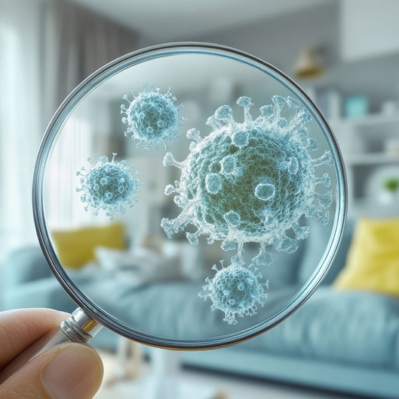 Clean Living Room with Magnified View of Airborne Mold Odor and Viruses