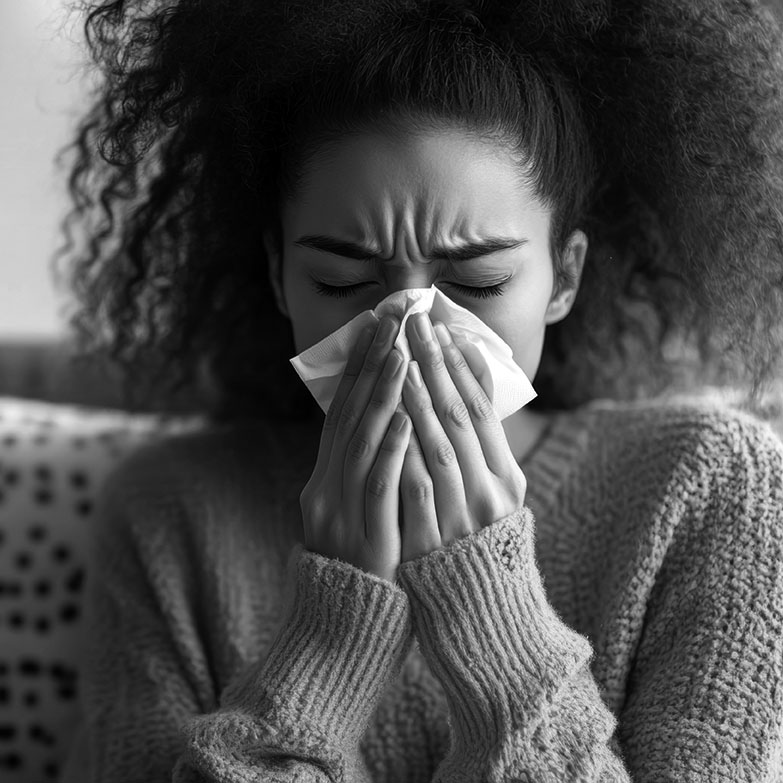 Young Woman Sneezing into Tissue at Home in Sweater