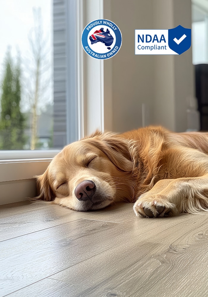 safe secure dog sleeping with NDAA compliance logos 1