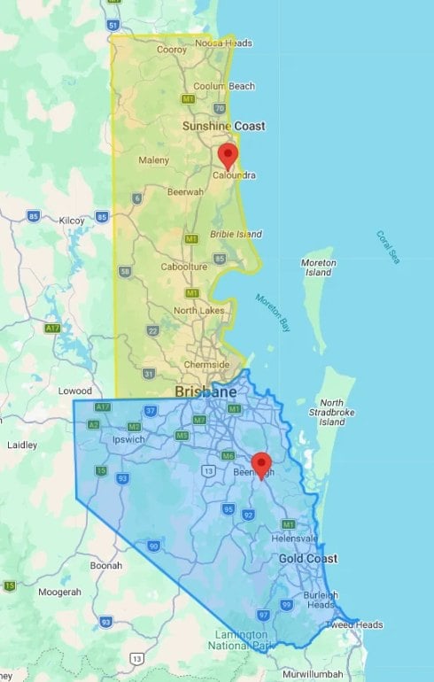 Map of Smarter Air & Electrical service areas: Sunshine Coast, Brisbane, Ipswich, Logan, Redlands and Gold Coast
